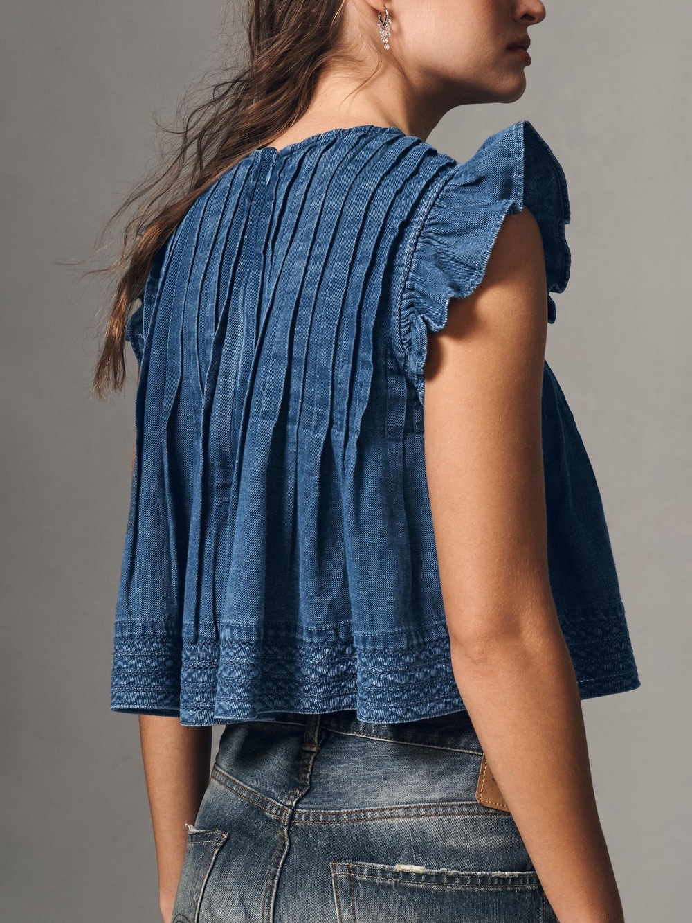 Pilcro Indigo Pleated Flutter Sleeve Crop Top